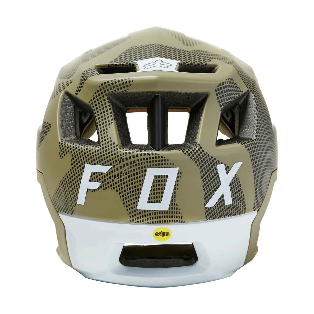 Fox Racing Dropframe Pro mountain bike helmet in olive camouflage pattern with MIPS technology