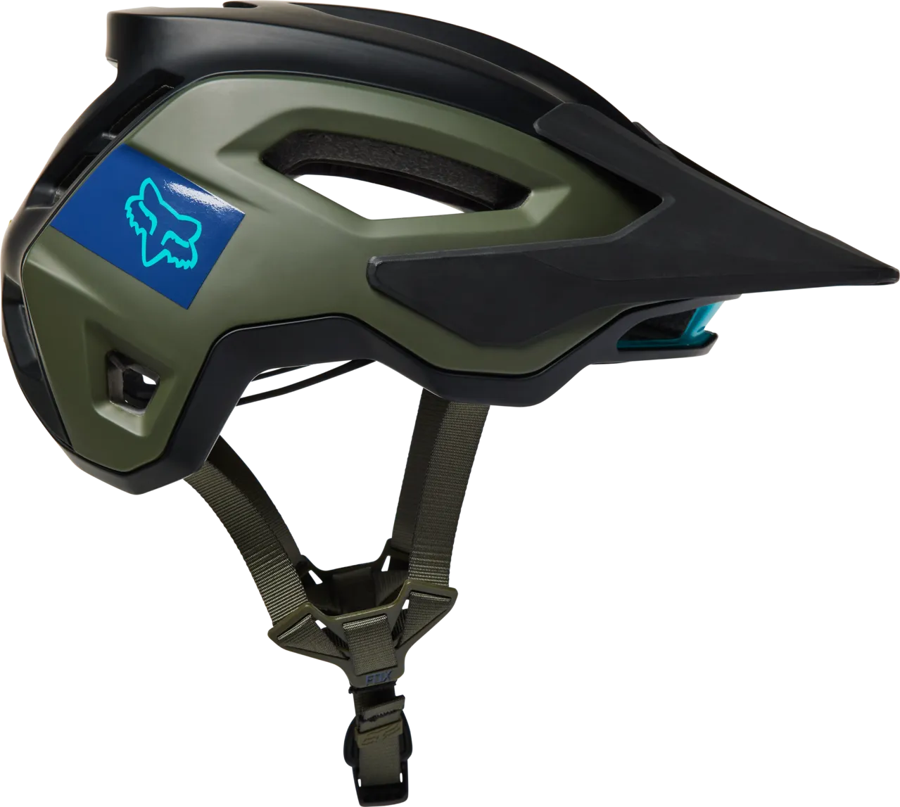 Fox Racing Speedframe Pro mountain bike helmet in eucalyptus green with blue logo