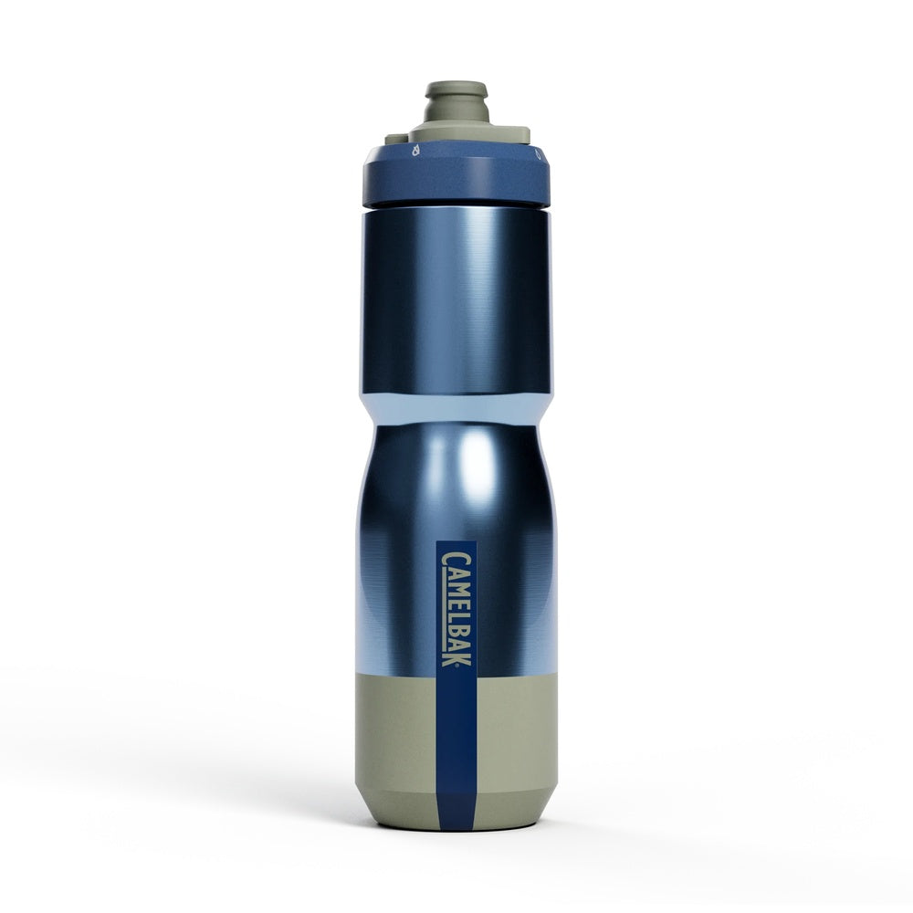 Camelbak Podium Steel 22oz bike water bottle in navy blue and stone colorway