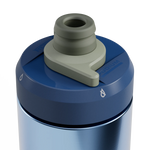 CamelBak Podium Steel bike bottle with blue cap and silver body closeup