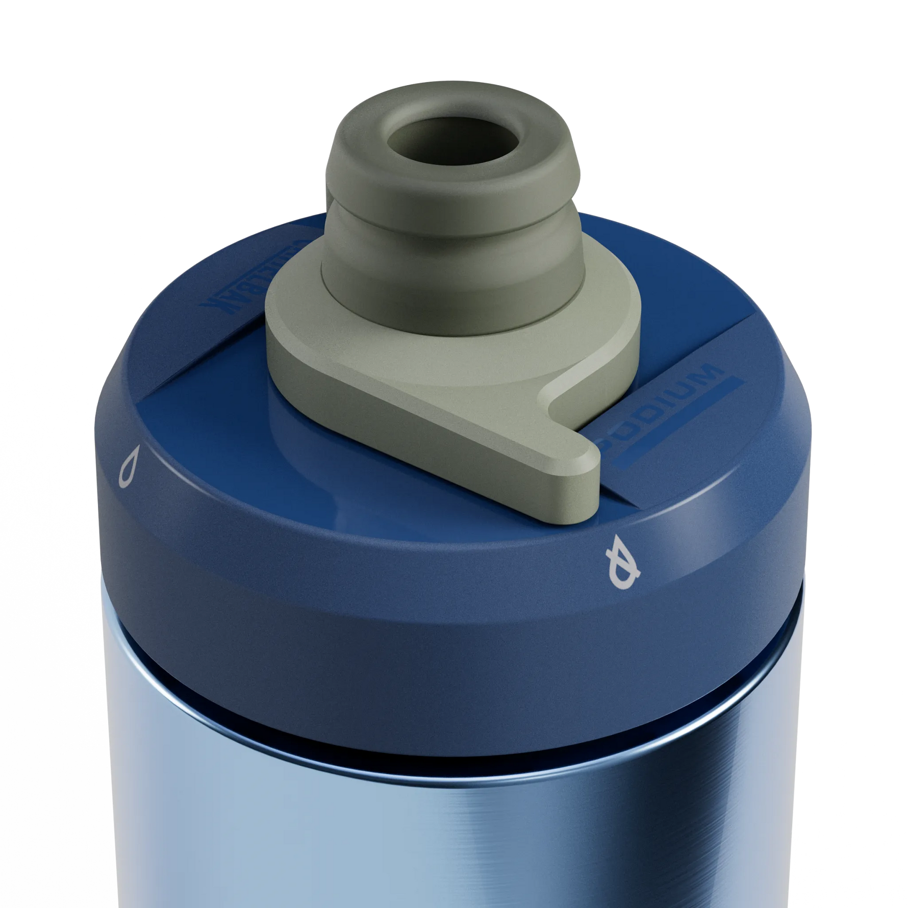 CamelBak Podium Steel bike bottle with blue cap and silver body closeup