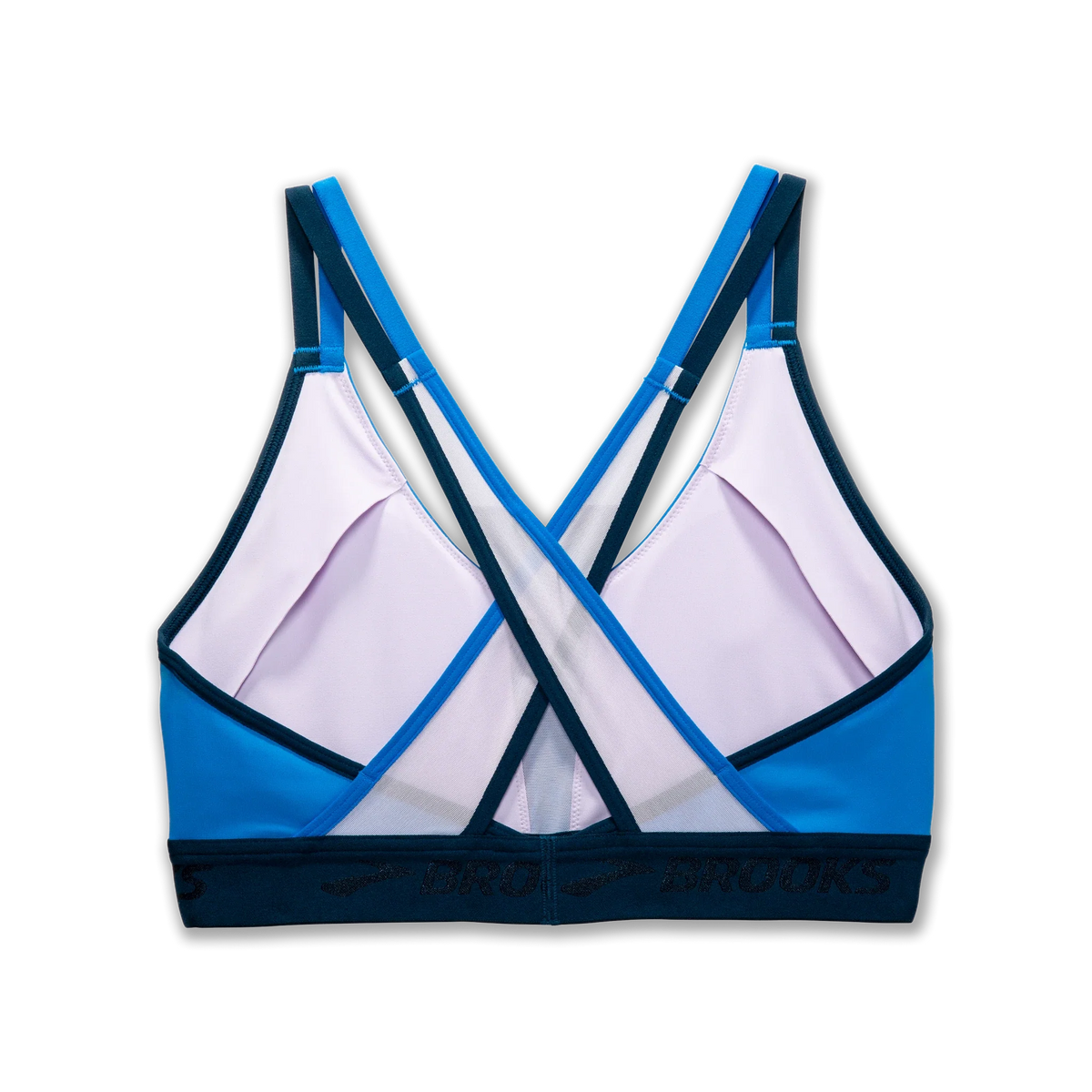 Brooks Drive Plunge 2.0 sports bra in Azure Blue and Ocean Drive, back view