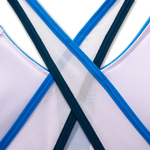 Brooks Drive Plunge 2.0 Bra back detail showing crossback straps in Azure Blue and Ocean Drive