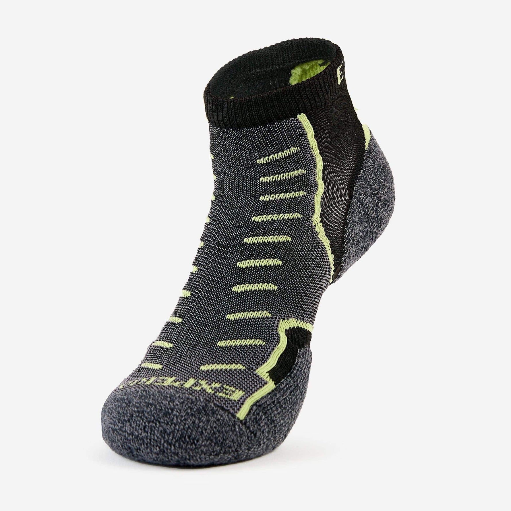 Experia Light Cushion Low-Cut Sock in black with neon green accents on white background