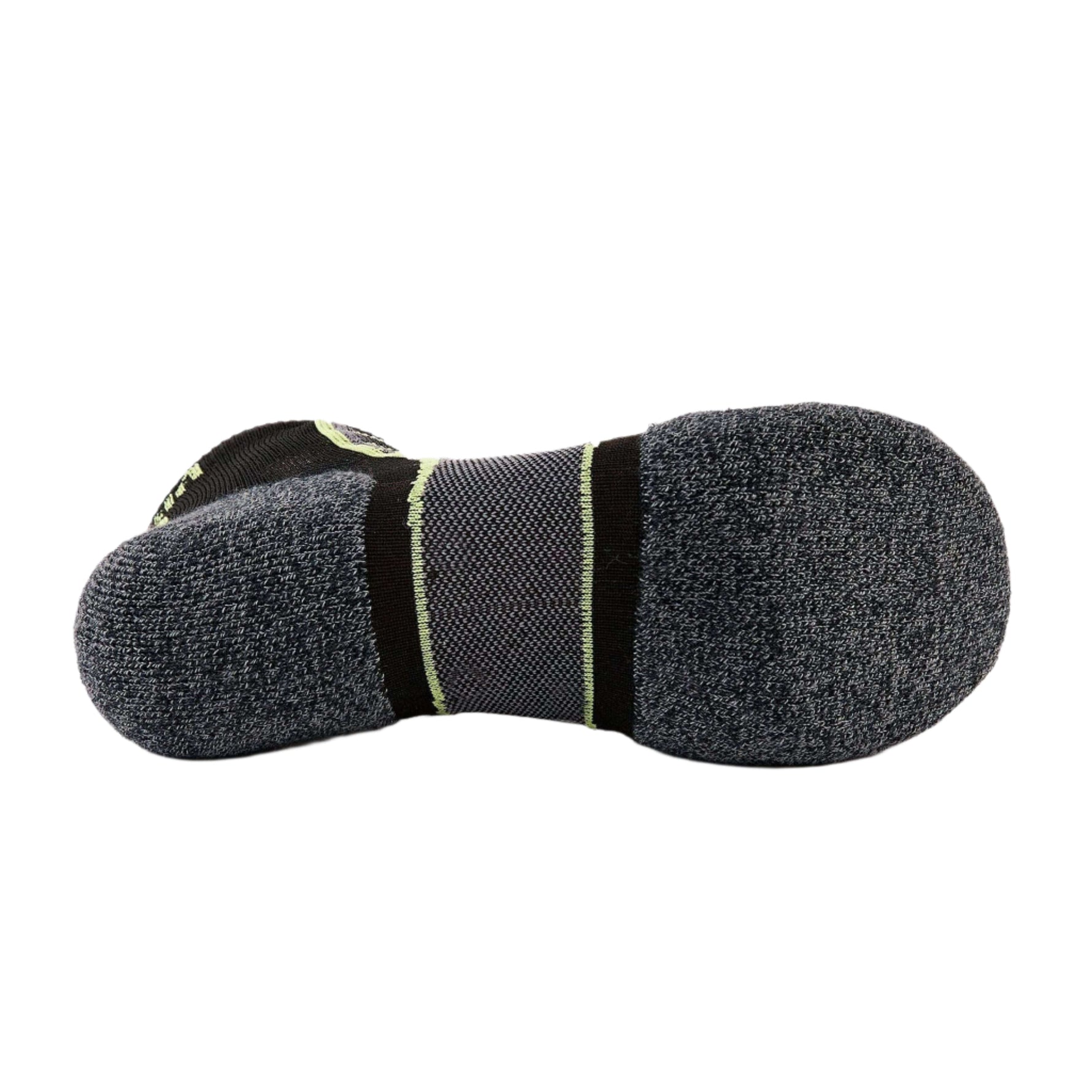 Experia Light Cushion Low-Cut Sock bottom view showing dark gray cushioned sole with lime accent