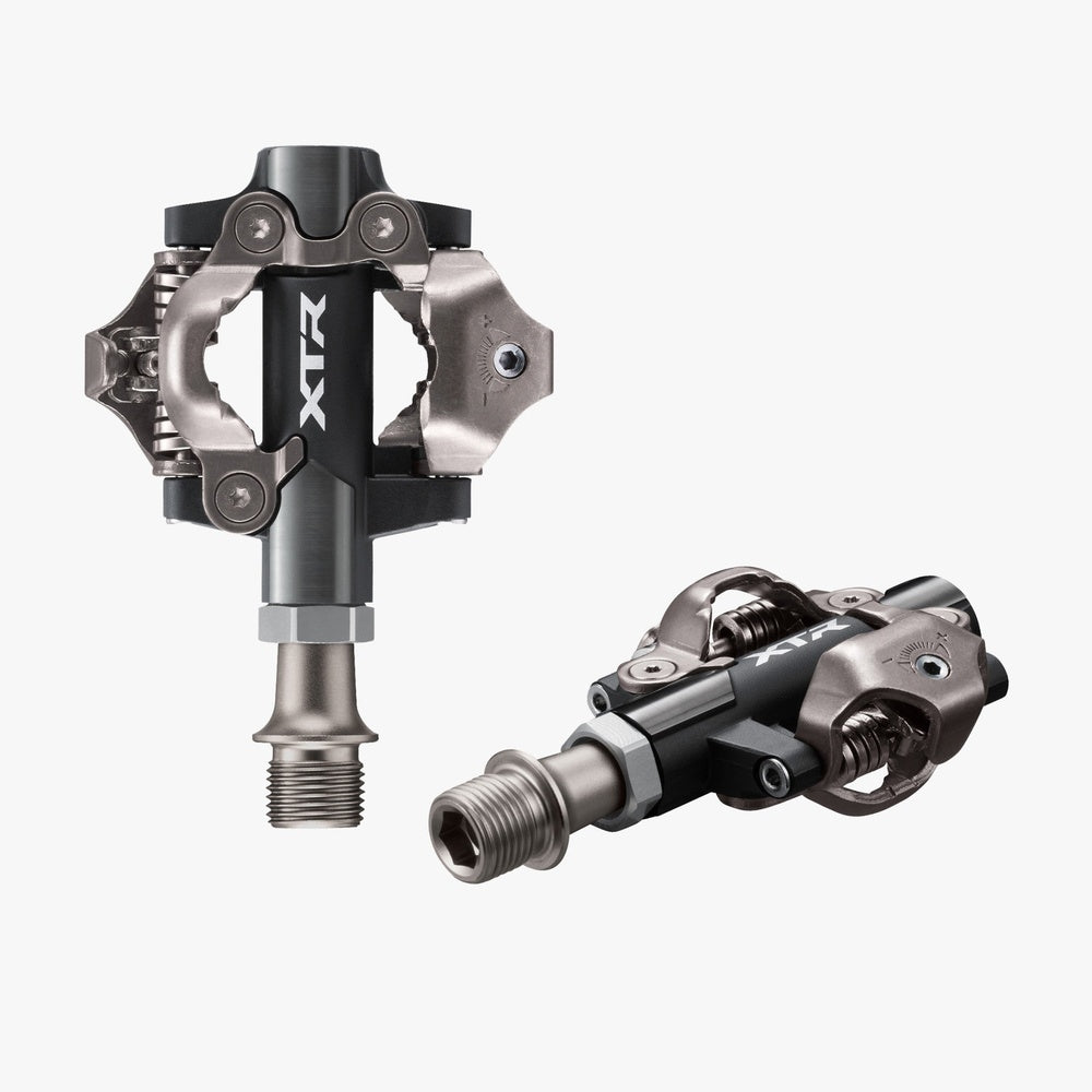 Shimano XTR PD-M9200 SPD clipless mountain bike pedals shown from two angles